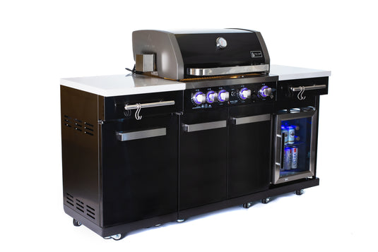 Mont Alpi 957 Island with compact refrigerator in black stainless steel