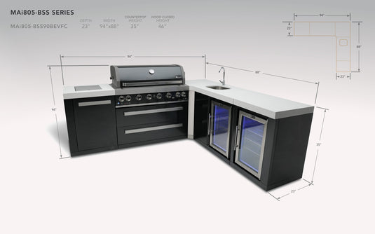 Mont Alpi 805 Black Stainless Steel Island with a 90 Degree Corner, Beverage center and Fridge Cabinet