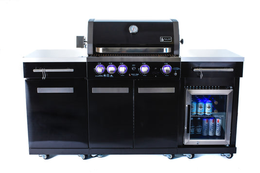 Mont Alpi 957 Island with compact refrigerator in black stainless steel