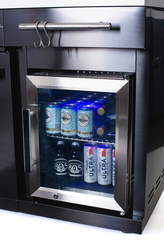 Mont Alpi 957 Island with compact refrigerator in black stainless steel