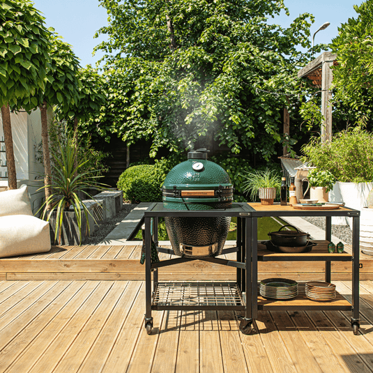 Large Big Green Egg in Modular Nest with Expansion and 3 Acacia Large Big Green Egg in Modular Nest with Expansion and 3 Acacia
