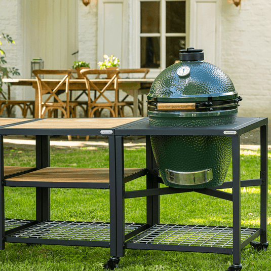 Large Big Green Egg in Modular Nest with Expansion and 3 Acacia Large Big Green Egg in Modular Nest with Expansion and 3 Acacia
